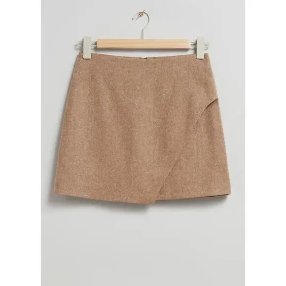 New NWT & Other Stories Tan Wool Silk Blend Tweed Asymmetric Mini Skirt - 10 - Picture 2 of 9